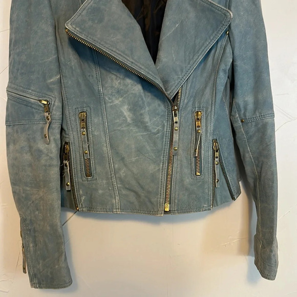 GESTUZ Fitted Distressed Soft Leather Blue Zipper Jacket 38 - Picture 6 of 7